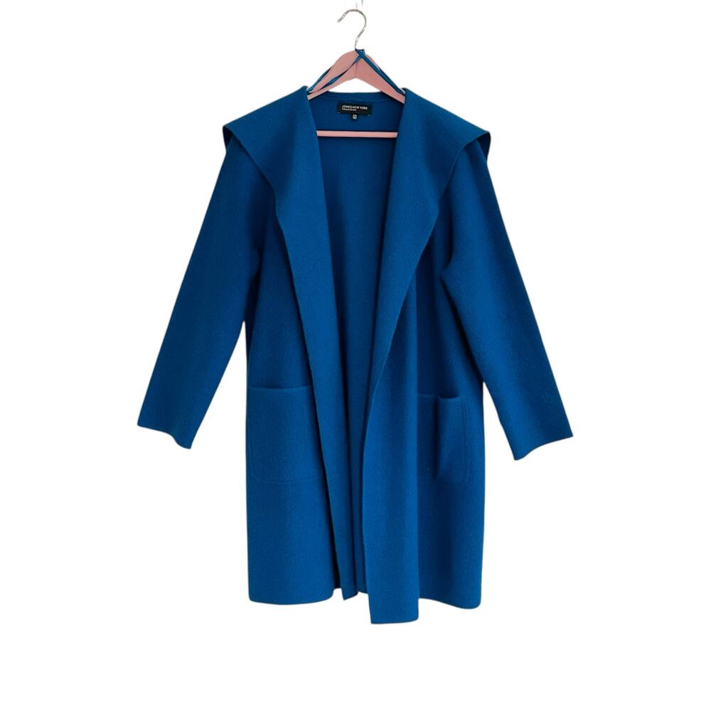 Jones New York Felted Merino Wool Cardigan Jacket L/XL Pockets Blue Small Flaw